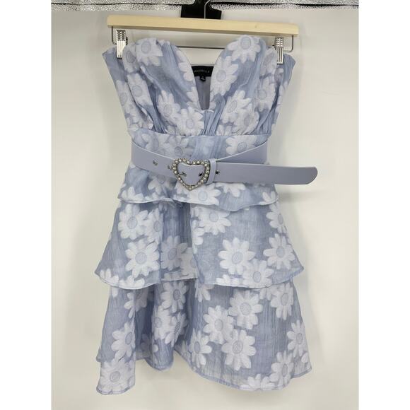 MAJORELLE | Andrea Mini Dress in Powder Blue Floral Jacquard Crystal Belt XS - Picture 3 of 13